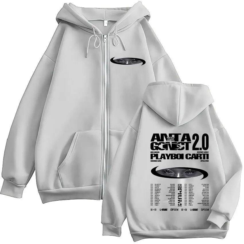Rapper Playboi Carti Antagonist 2.0 Tour 2025 Fans Zip Up Hoody Men Women Hip Hop Retro Long Sleeve Sweatshirt Coats Streetwear