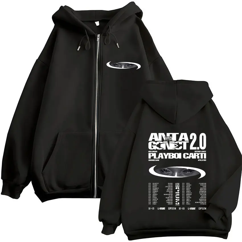 Rapper Playboi Carti Antagonist 2.0 Tour 2025 Fans Zip Up Hoody Men Women Hip Hop Retro Long Sleeve Sweatshirt Coats Streetwear