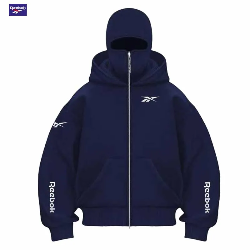 Reebok Men's New Fall/Winter Double-Pocket Hooded Sweater with Face Mask and Zipper Sports Outfit - Loose and Comfortable to Wea