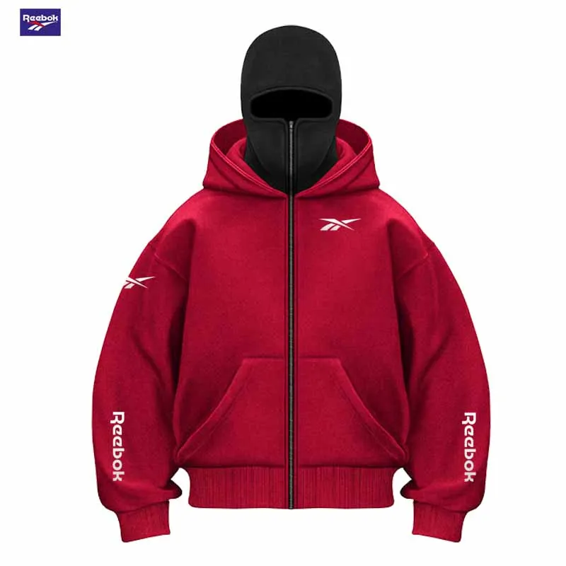 Reebok Men's New Fall/Winter Double-Pocket Hooded Sweater with Face Mask and Zipper Sports Outfit - Loose and Comfortable to Wea