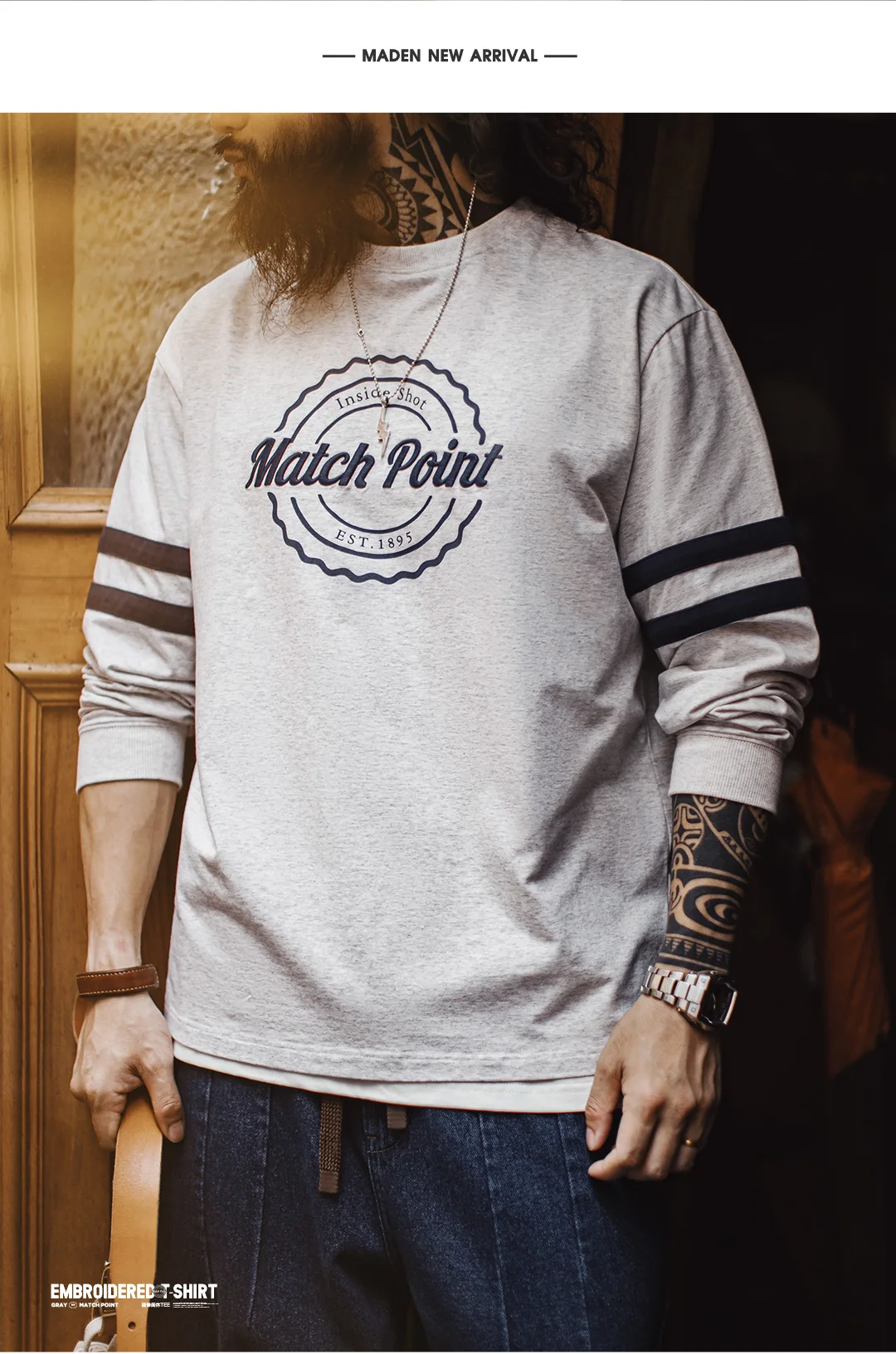 Maden Men‘s Retro Striped Embroidery Sweatshirt Grey Lightweight Crewneck Long Sleeve Top Thin Knit Pullover for Spring Autumn
