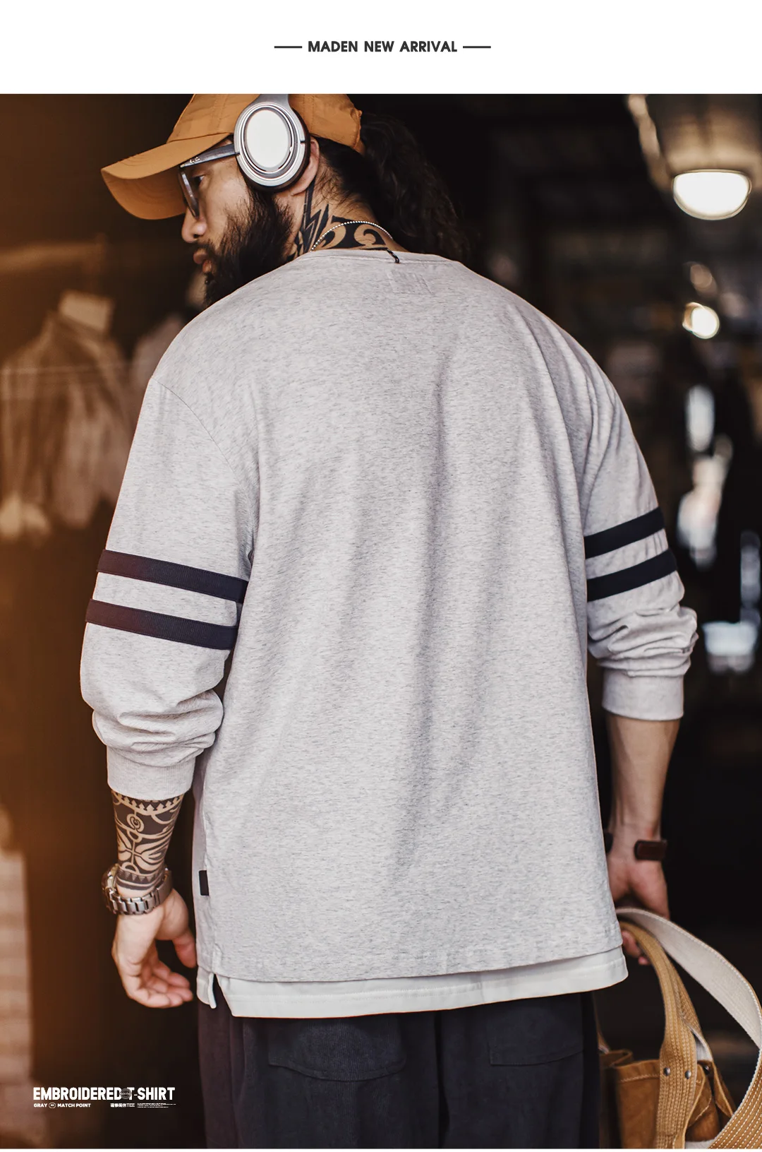 Maden Men‘s Retro Striped Embroidery Sweatshirt Grey Lightweight Crewneck Long Sleeve Top Thin Knit Pullover for Spring Autumn