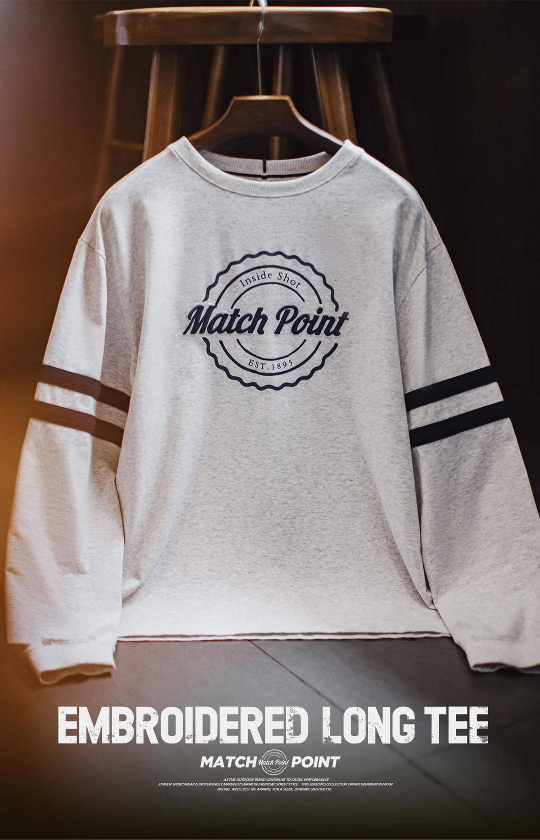 Maden Men‘s Retro Striped Embroidery Sweatshirt Grey Lightweight Crewneck Long Sleeve Top Thin Knit Pullover for Spring Autumn