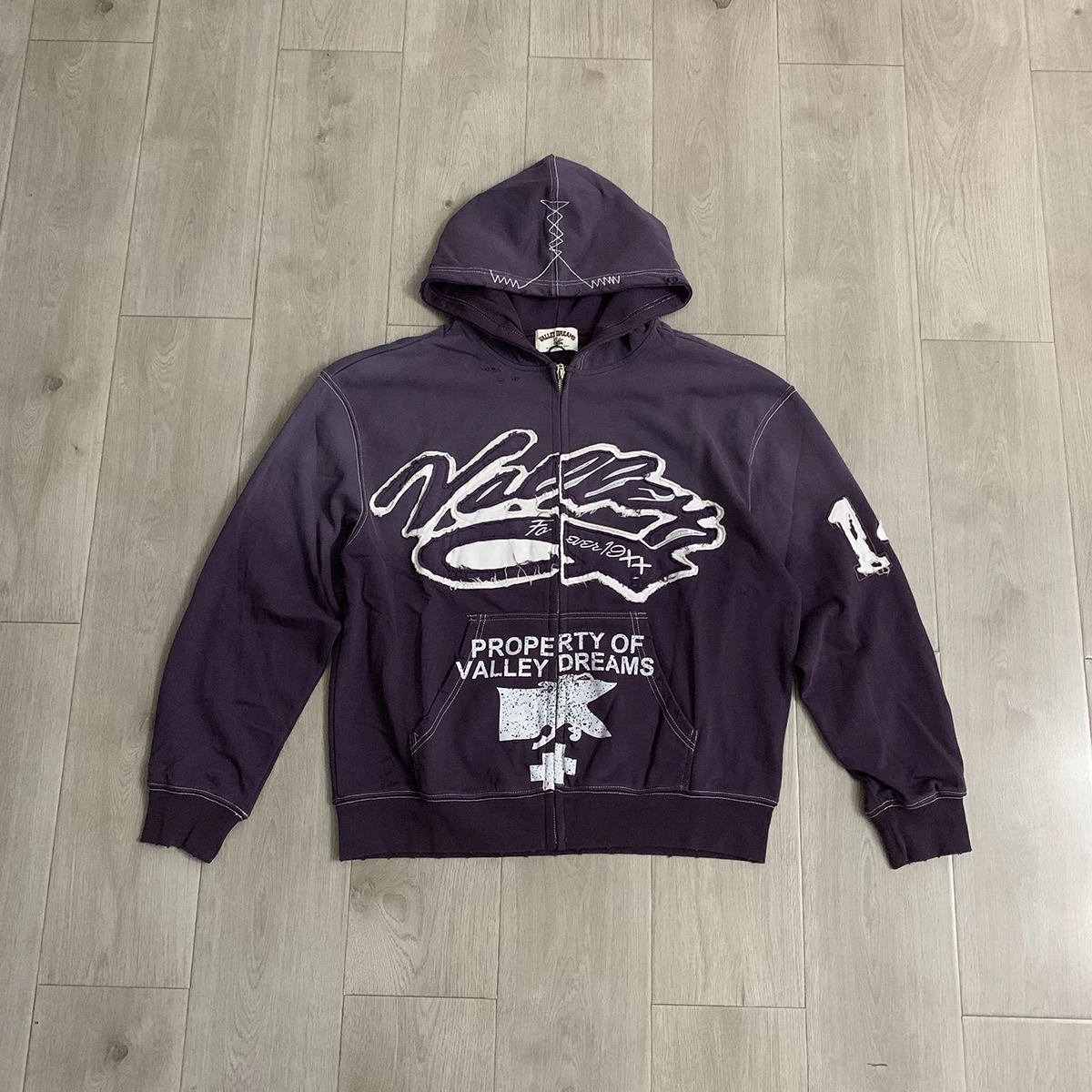 Streetwear Patchwork Letter Embroidery Zipper Terry Hooded Hoodie for Men Distressed Hole Cardigan Sweatshirt Jacket Oversized