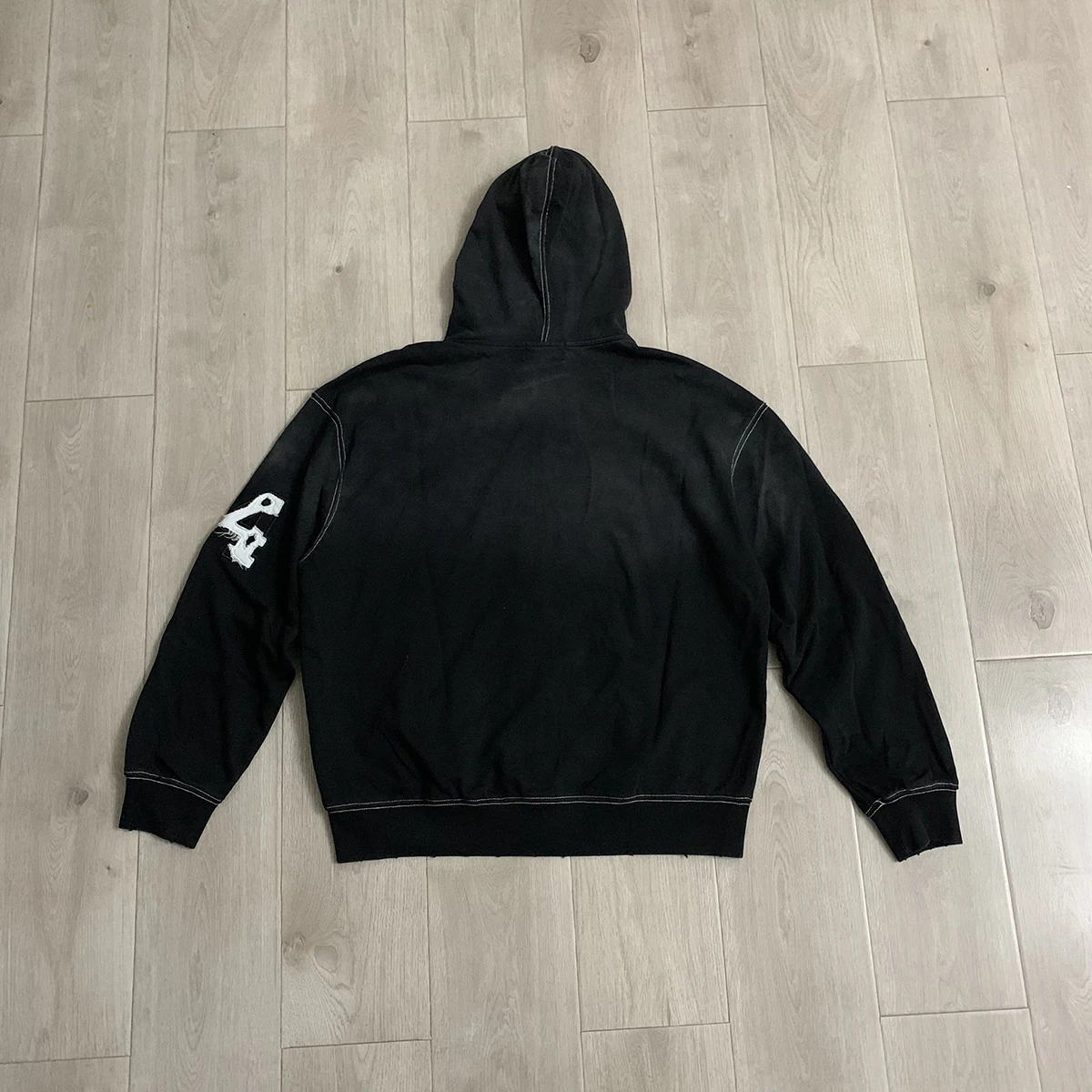 Streetwear Patchwork Letter Embroidery Zipper Terry Hooded Hoodie for Men Distressed Hole Cardigan Sweatshirt Jacket Oversized