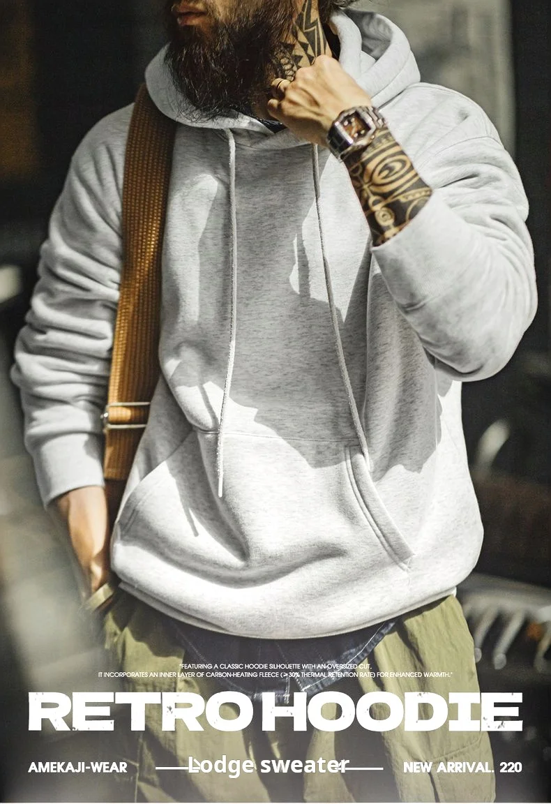 Maden Vintage Men's Heavyweight Rocky Hoodie Loose Fit Fleece-lined Warm Pullover Casual Thickened Layered Tops for Fall Winter