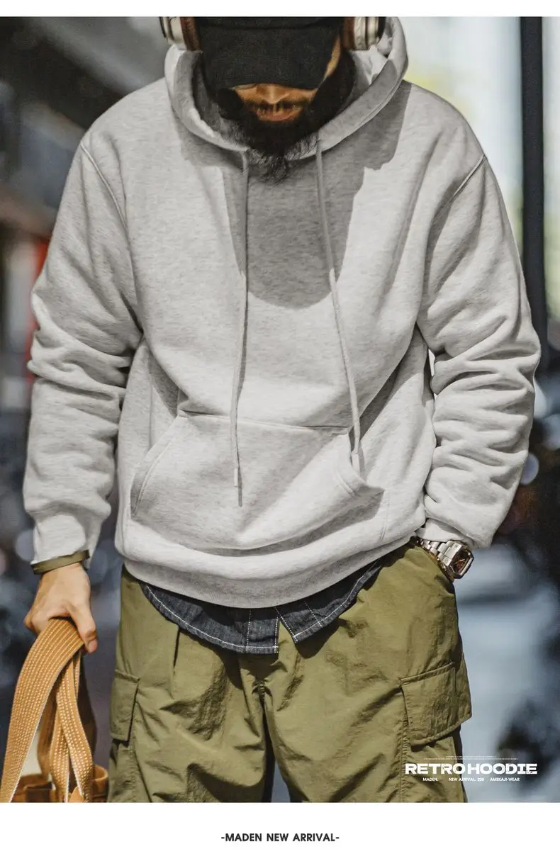 Maden Vintage Men's Heavyweight Rocky Hoodie Loose Fit Fleece-lined Warm Pullover Casual Thickened Layered Tops for Fall Winter