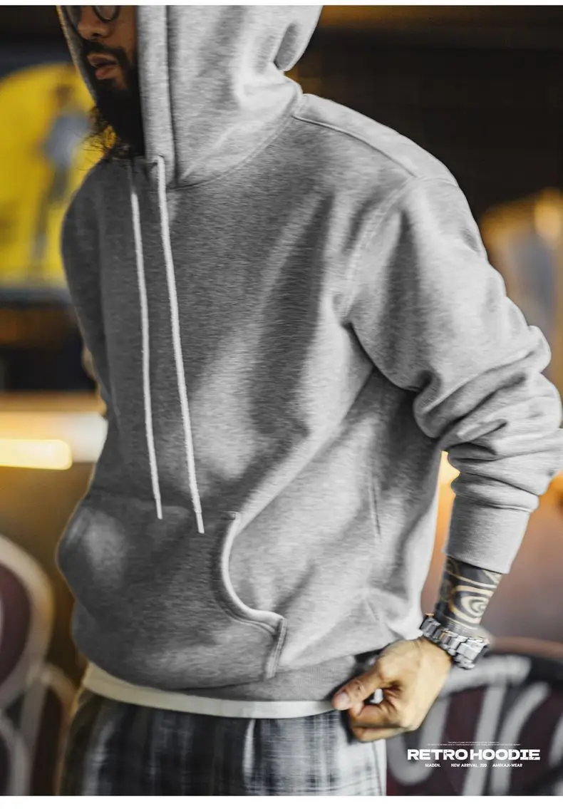 Maden Vintage Men's Heavyweight Rocky Hoodie Loose Fit Fleece-lined Warm Pullover Casual Thickened Layered Tops for Fall Winter