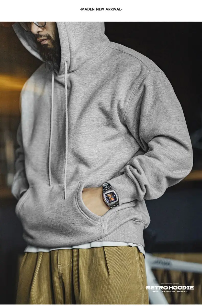 Maden Vintage Men's Heavyweight Rocky Hoodie Loose Fit Fleece-lined Warm Pullover Casual Thickened Layered Tops for Fall Winter