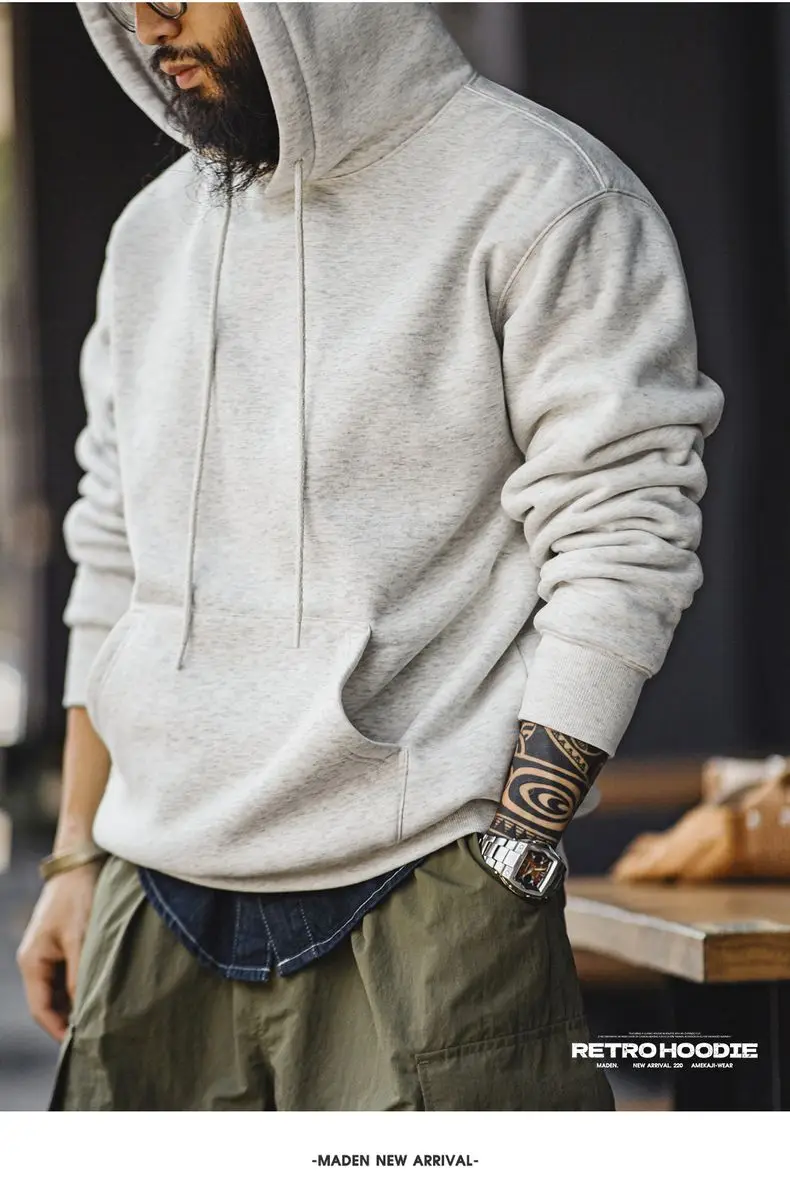 Maden Vintage Men's Heavyweight Rocky Hoodie Loose Fit Fleece-lined Warm Pullover Casual Thickened Layered Tops for Fall Winter