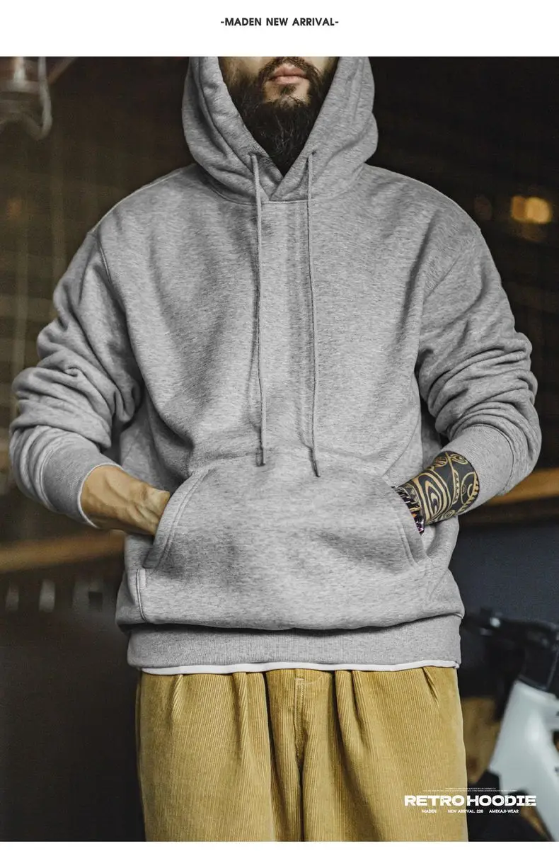 Maden Vintage Men's Heavyweight Rocky Hoodie Loose Fit Fleece-lined Warm Pullover Casual Thickened Layered Tops for Fall Winter