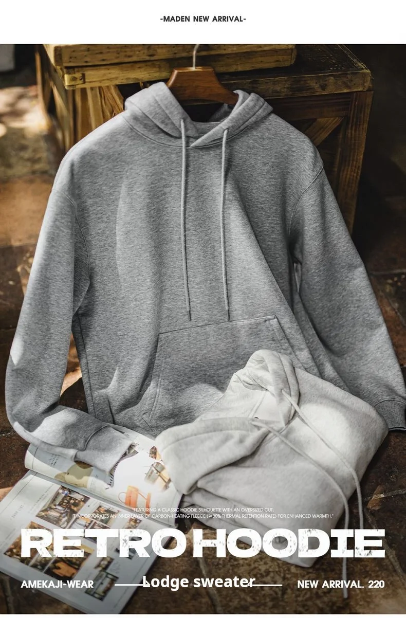 Maden Vintage Men's Heavyweight Rocky Hoodie Loose Fit Fleece-lined Warm Pullover Casual Thickened Layered Tops for Fall Winter