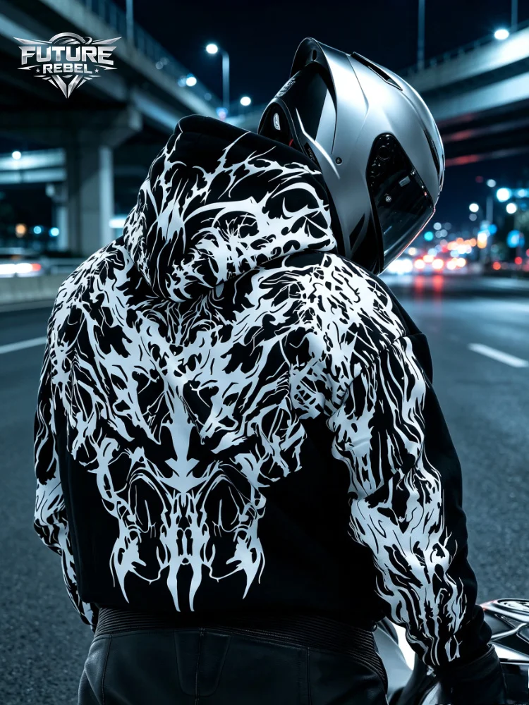 Men Street Reflective Hoodie Y2k Style Gothic Long‑sleeve Pullover Hooded Sweatshirt Loose‑fit Motorcycle Rider Night Outing New