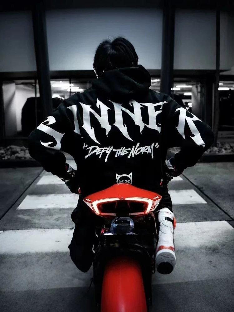 Men Street Reflective Hoodie Y2k Style Gothic Long‑sleeve Pullover Hooded Sweatshirt Loose‑fit Motorcycle Rider Night Outing New