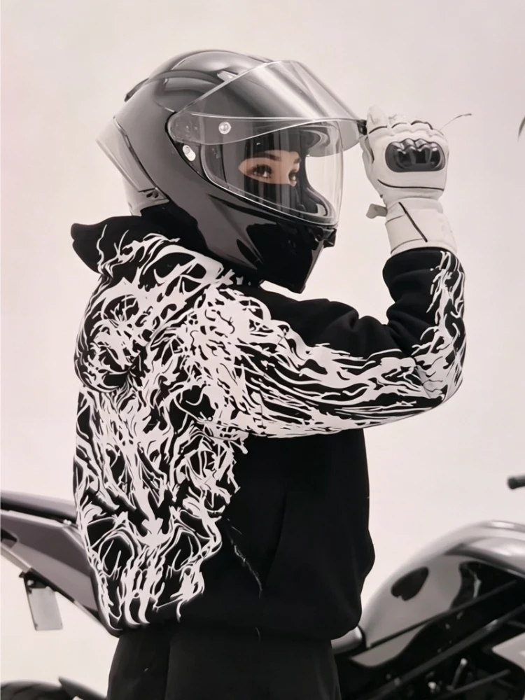 Men Street Reflective Hoodie Y2k Style Gothic Long‑sleeve Pullover Hooded Sweatshirt Loose‑fit Motorcycle Rider Night Outing New