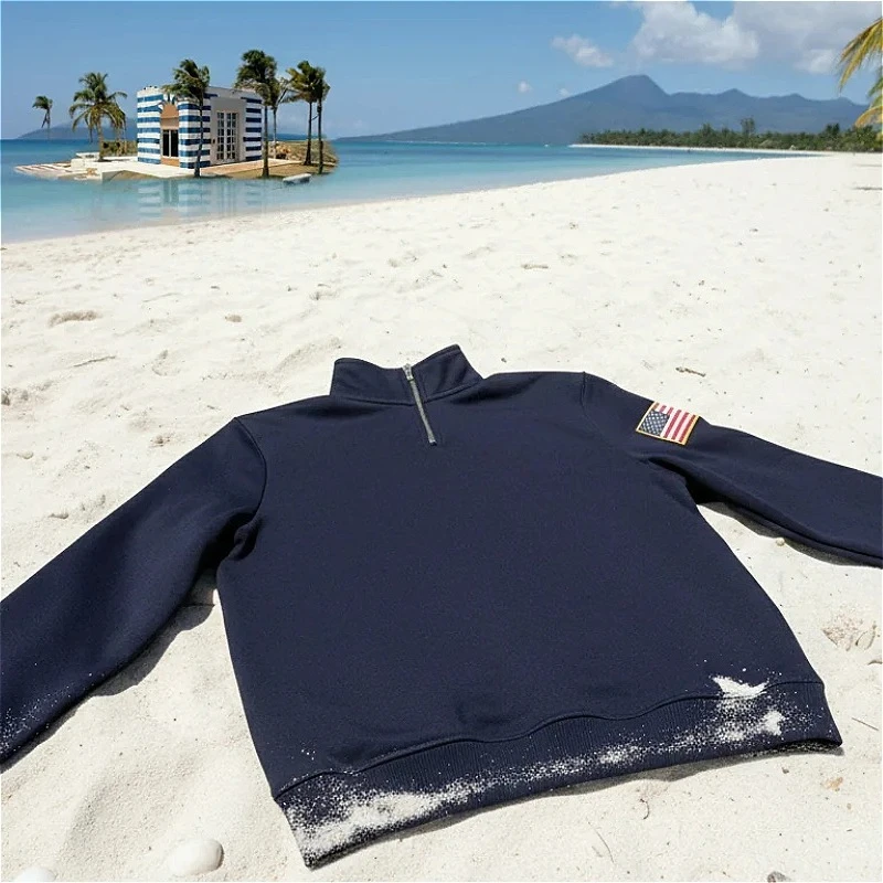 Y2K Retro Sweatshirt Sleeve Embroidery US Flag Stand Collar Quarterzip Pullover Fashion Niche Streetwear Unisex Oversized Tops