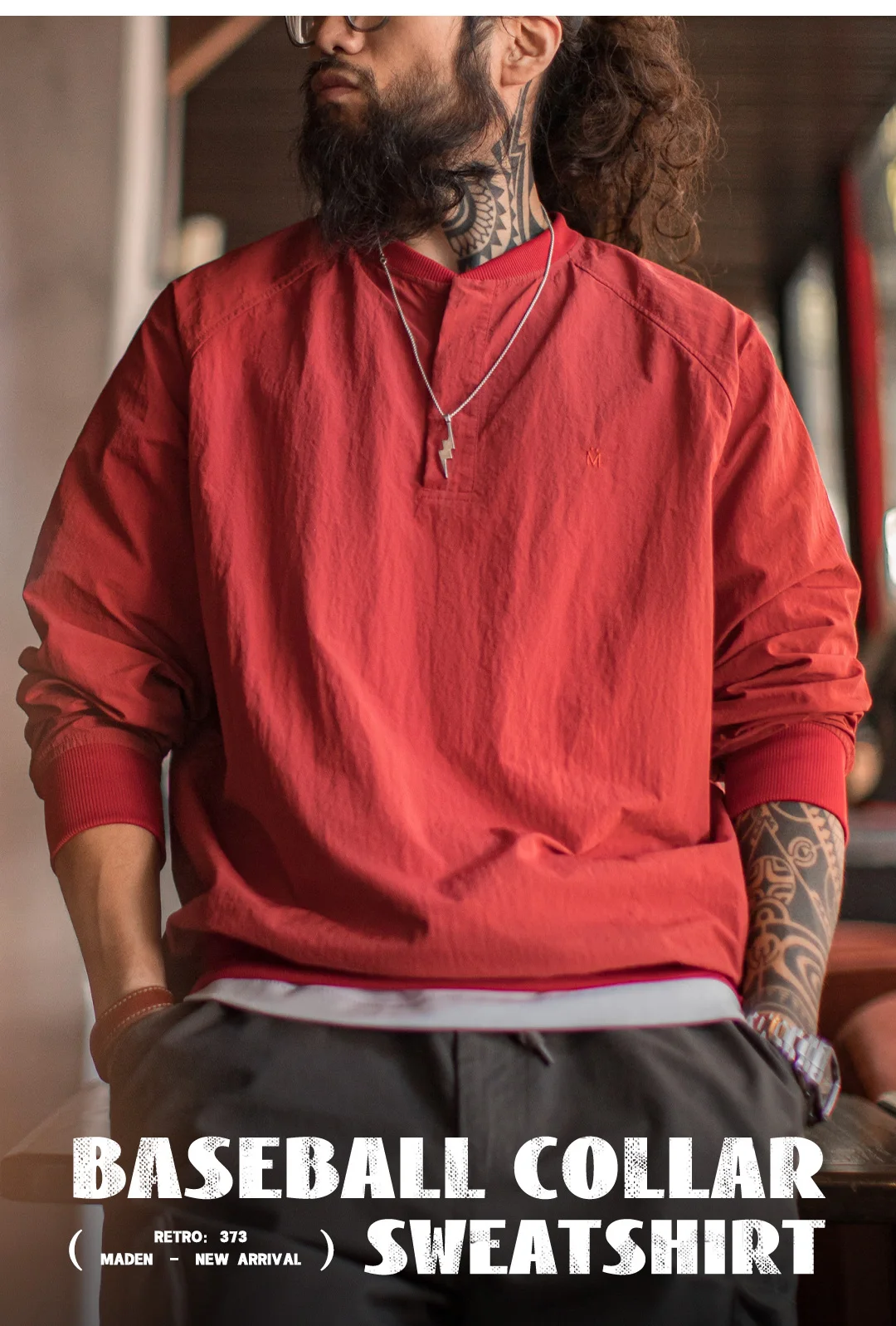 Maden Vintage Baseball Collar Sweatshirt New Year's Red Top Loose Round Neck Pullover for Men's Spring Fall Long-Sleeved T-Shirt