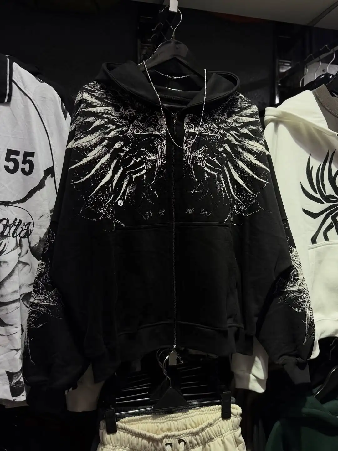Gothic Wing Graphic Print Black Zip Up Hoodie Vintage Grunge Cross Pattern Oversized Soft Streetwear Y2K Punk for Men Daily Wear