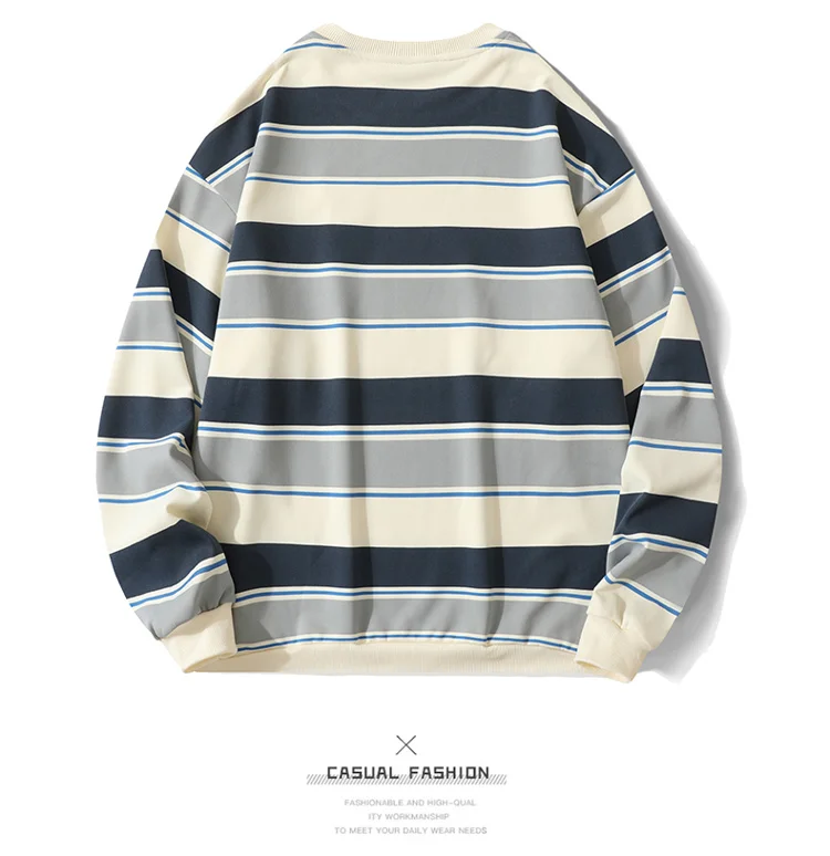 Korean Y2k Striped Sweatshirt Men's Spring Autumn Loose Fit Pullover Top Trendy Brand Ins Youth O Neck Color Blocking Hoodie Men