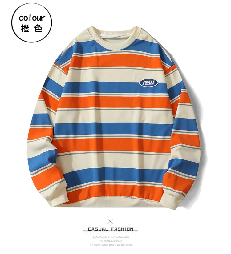Korean Y2k Striped Sweatshirt Men's Spring Autumn Loose Fit Pullover Top Trendy Brand Ins Youth O Neck Color Blocking Hoodie Men