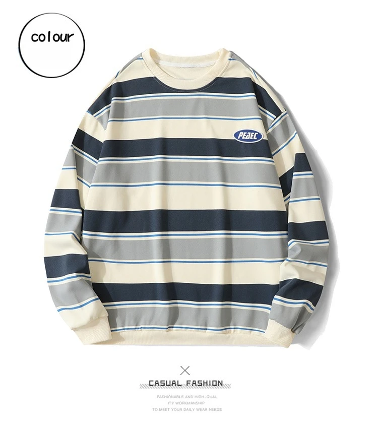 Korean Y2k Striped Sweatshirt Men's Spring Autumn Loose Fit Pullover Top Trendy Brand Ins Youth O Neck Color Blocking Hoodie Men