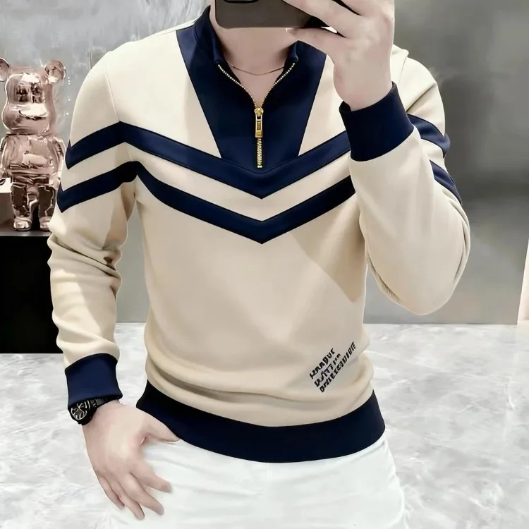 2026 Spring Luxury Stand Collar Sweatshirts Men's Trendy Splicing Hoodie Comfortable Versatile Casual Sweatshirts Men Clothing