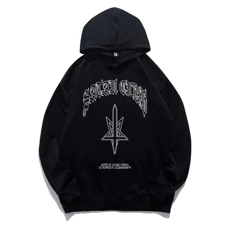 Hip Hop Streetwear Men Hoodies Satan Club Graphic Print Hooded Women Unisex Autumn Winter Punk Sweatshirts Y2K Coat Clothes Goth