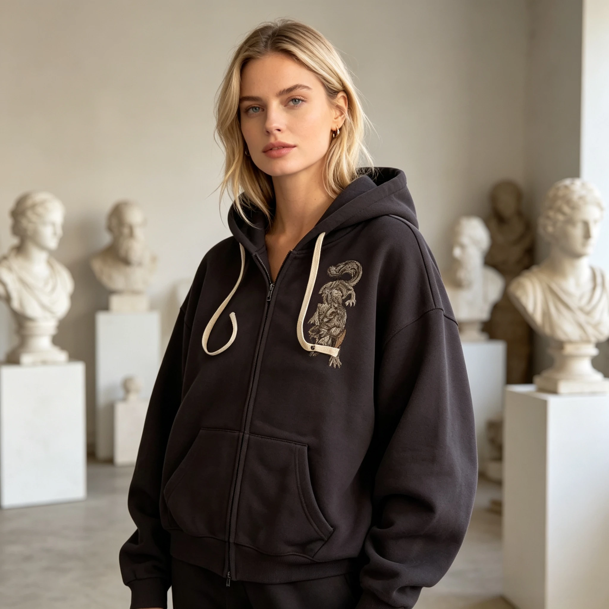 Y2K Grey Wolf Embroidered Hoodie Fashion Hip Hop Unisex Double Zipper Sweatshirts Oversized Vintage Harajuku Dark Street Jacket