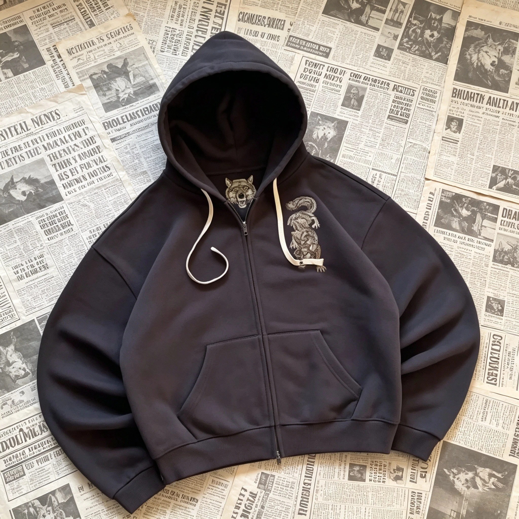 Y2K Grey Wolf Embroidered Hoodie Fashion Hip Hop Unisex Double Zipper Sweatshirts Oversized Vintage Harajuku Dark Street Jacket