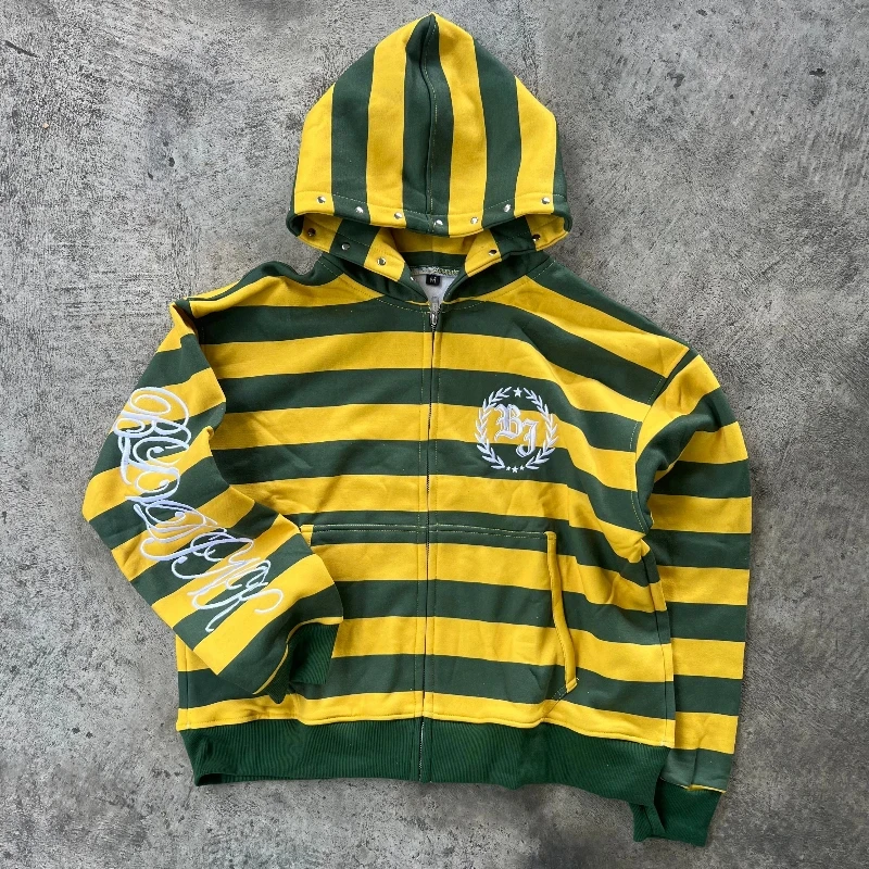 Y2K Retro Kid Zipper Hoodie Stripe Rivet Letter Embroidery Pattern Sweatshirt Men HipHop Fashion Streetwear Unisex Women Clothes