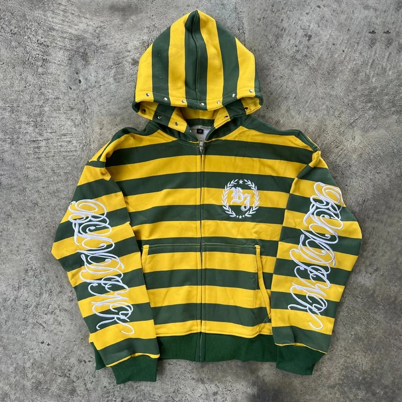 Y2K Retro Kid Zipper Hoodie Stripe Rivet Letter Embroidery Pattern Sweatshirt Men HipHop Fashion Streetwear Unisex Women Clothes