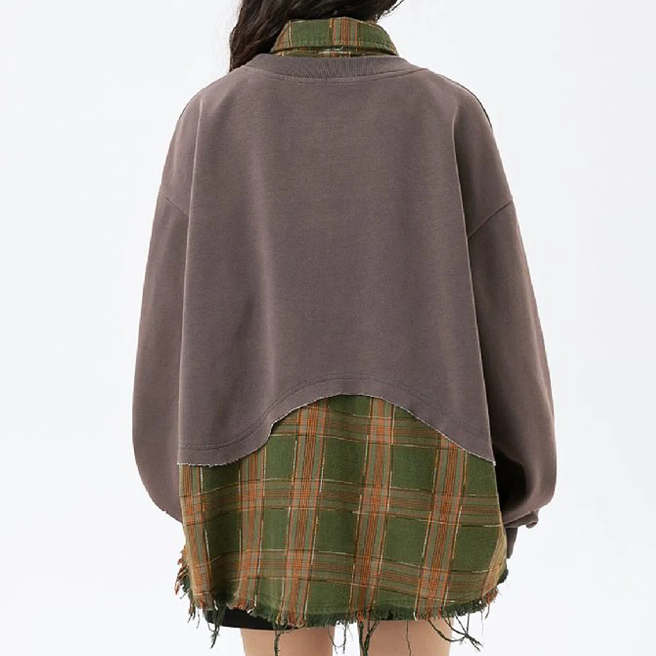 Plaid Splicing Sweatshirt Men Oversized Harajuku Hip Hop Streetwear Pullover Hoodie Fake Two Piece Loose Y2K Hoodie Male