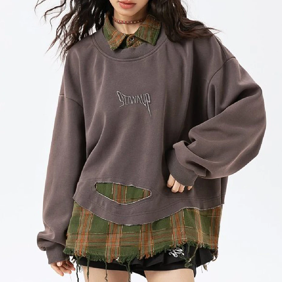 Plaid Splicing Sweatshirt Men Oversized Harajuku Hip Hop Streetwear Pullover Hoodie Fake Two Piece Loose Y2K Hoodie Male