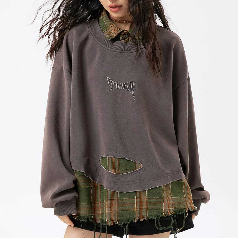 Plaid Splicing Sweatshirt Men Oversized Harajuku Hip Hop Streetwear Pullover Hoodie Fake Two Piece Loose Y2K Hoodie Male