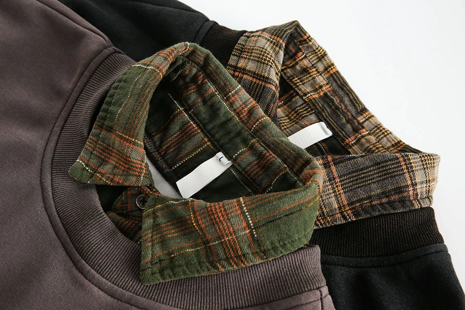 Plaid Splicing Sweatshirt Men Oversized Harajuku Hip Hop Streetwear Pullover Hoodie Fake Two Piece Loose Y2K Hoodie Male