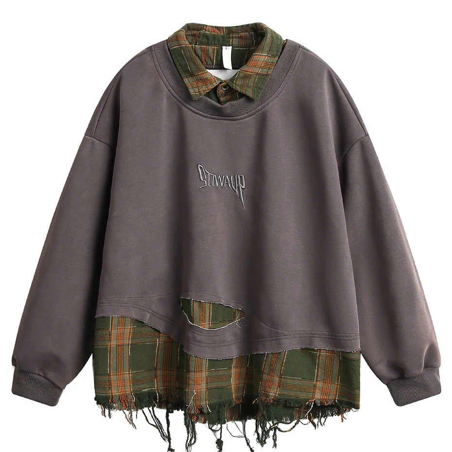 Plaid Splicing Sweatshirt Men Oversized Harajuku Hip Hop Streetwear Pullover Hoodie Fake Two Piece Loose Y2K Hoodie Male