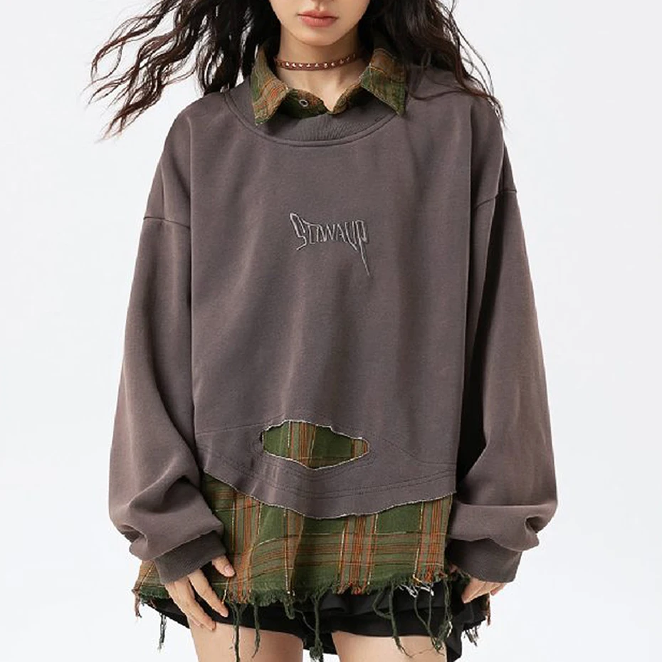 Plaid Splicing Sweatshirt Men Oversized Harajuku Hip Hop Streetwear Pullover Hoodie Fake Two Piece Loose Y2K Hoodie Male