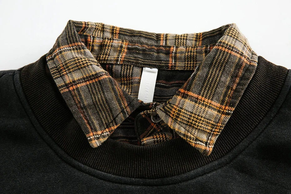 Plaid Splicing Sweatshirt Men Oversized Harajuku Hip Hop Streetwear Pullover Hoodie Fake Two Piece Loose Y2K Hoodie Male