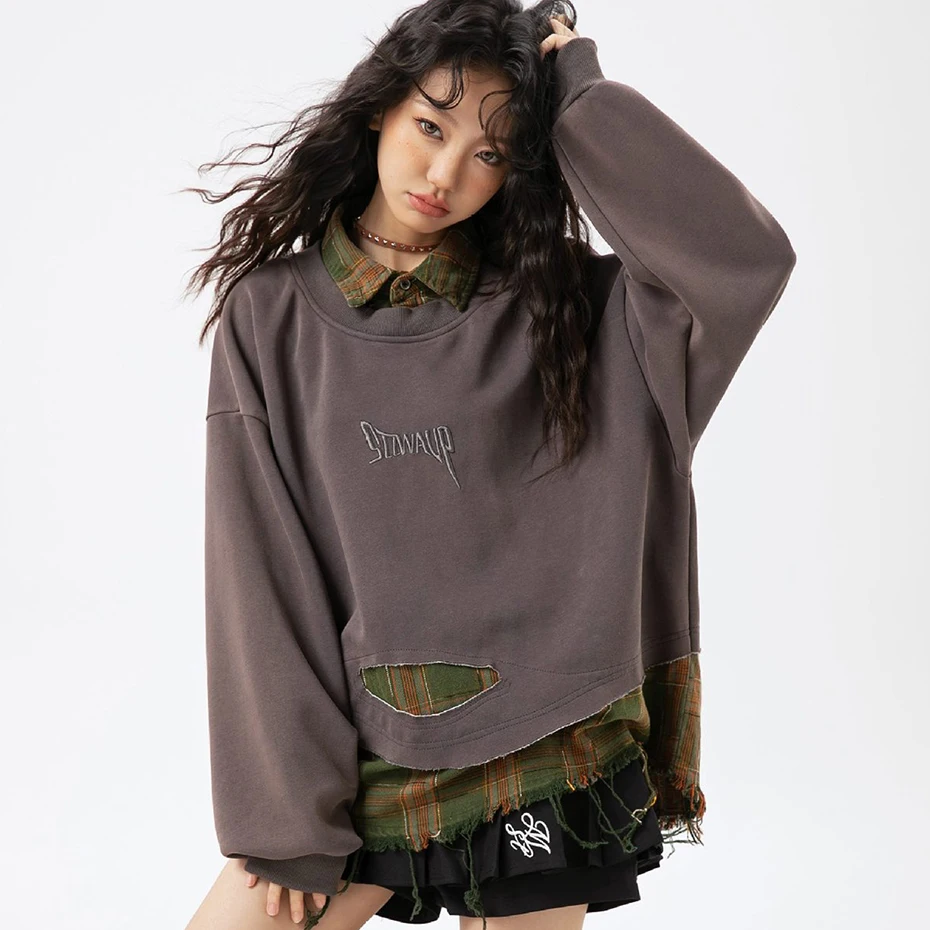 Plaid Splicing Sweatshirt Men Oversized Harajuku Hip Hop Streetwear Pullover Hoodie Fake Two Piece Loose Y2K Hoodie Male