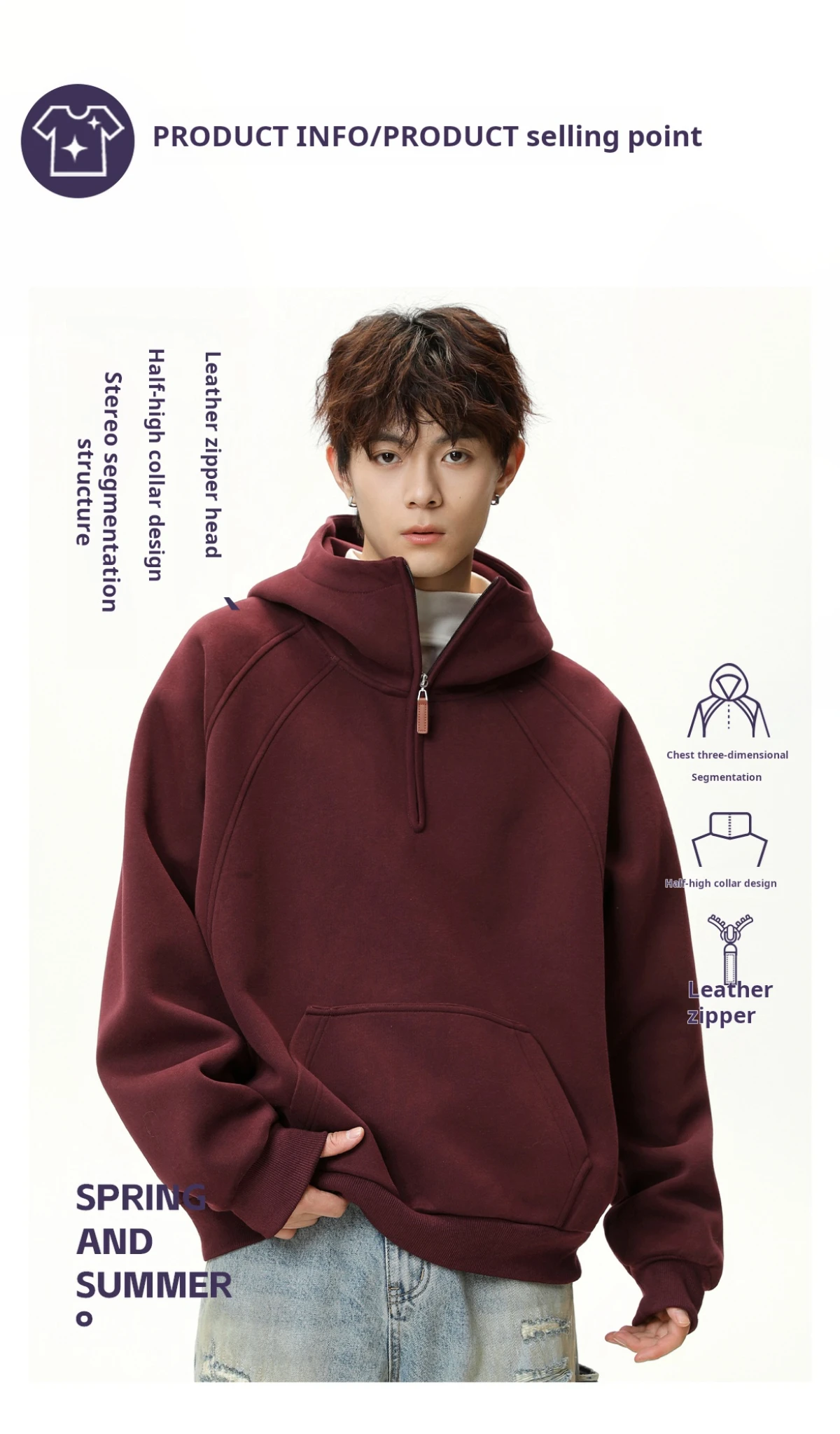 HANGLU 2025 Men Women Heavyweight Half Zip Hoodie Ribbed High Neck Minimalist Streetwear Couple Unisex Pullover Sweatshirt