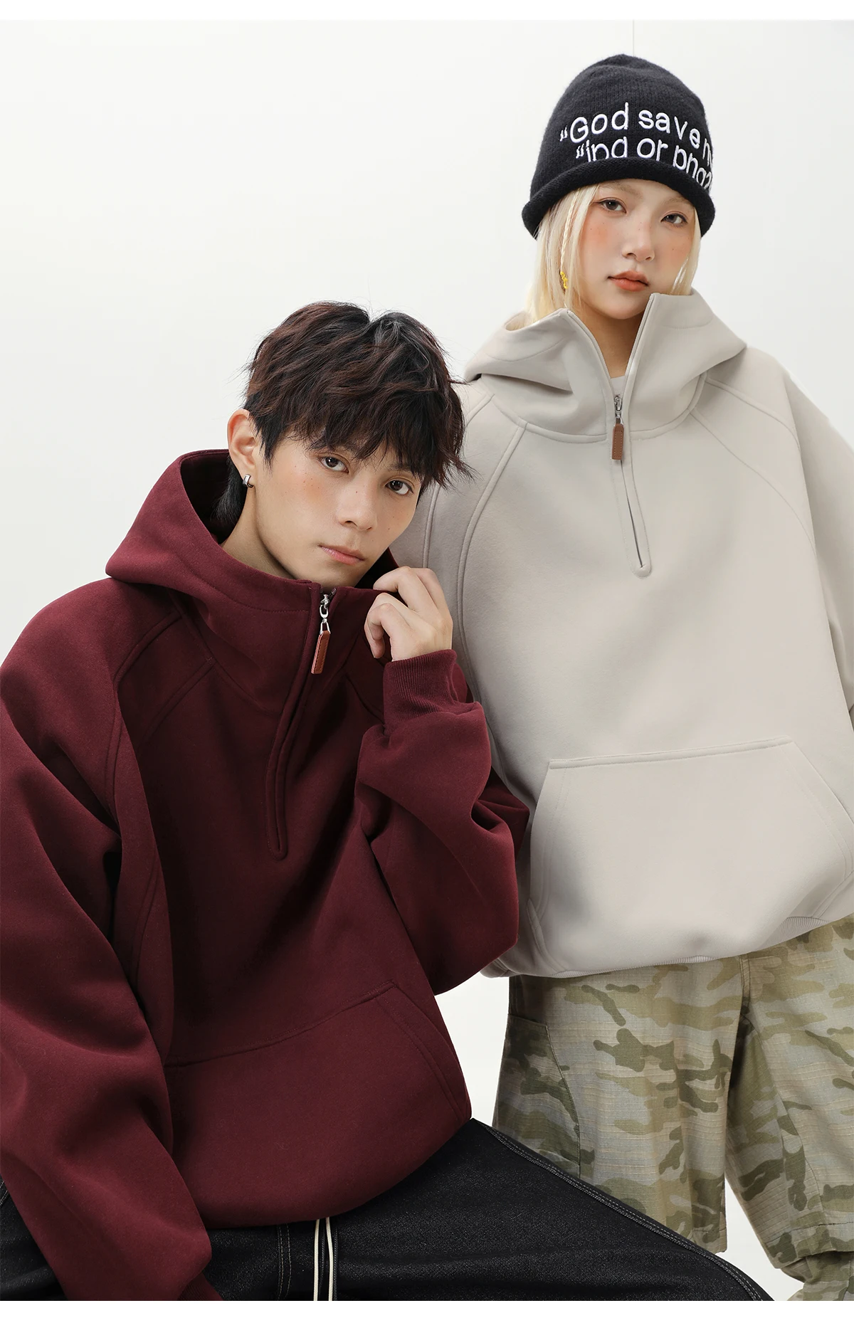 HANGLU 2025 Men Women Heavyweight Half Zip Hoodie Ribbed High Neck Minimalist Streetwear Couple Unisex Pullover Sweatshirt