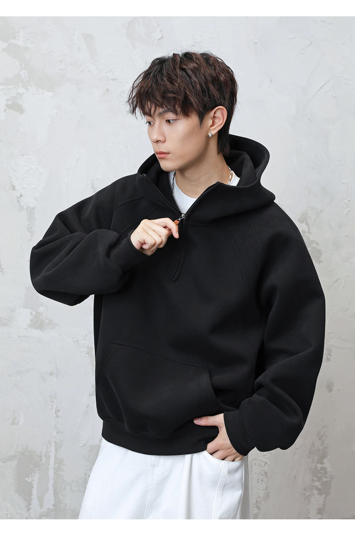 HANGLU 2025 Men Women Heavyweight Half Zip Hoodie Ribbed High Neck Minimalist Streetwear Couple Unisex Pullover Sweatshirt