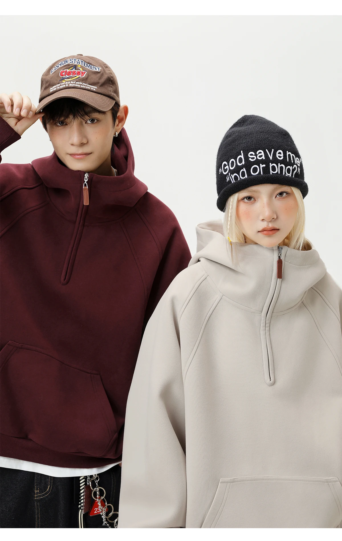 HANGLU 2025 Men Women Heavyweight Half Zip Hoodie Ribbed High Neck Minimalist Streetwear Couple Unisex Pullover Sweatshirt