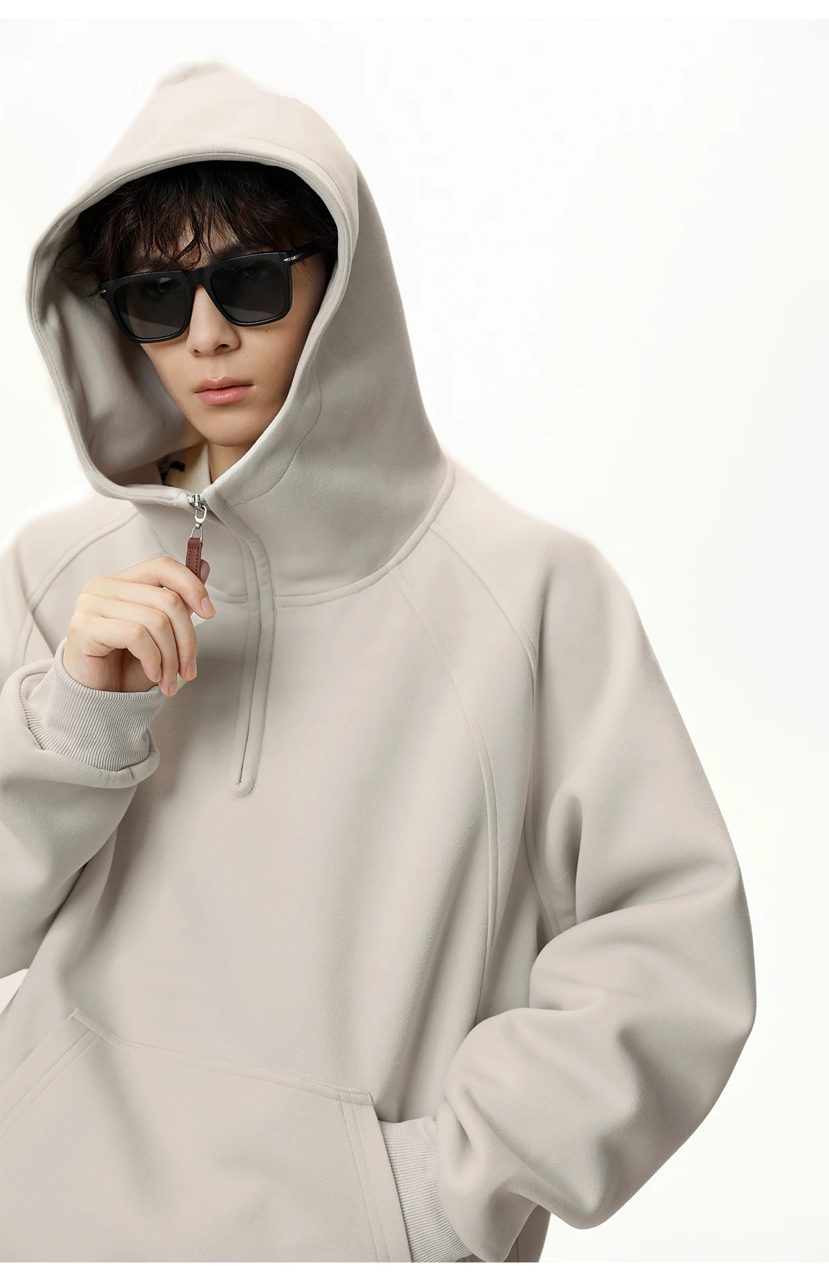 HANGLU 2025 Men Women Heavyweight Half Zip Hoodie Ribbed High Neck Minimalist Streetwear Couple Unisex Pullover Sweatshirt
