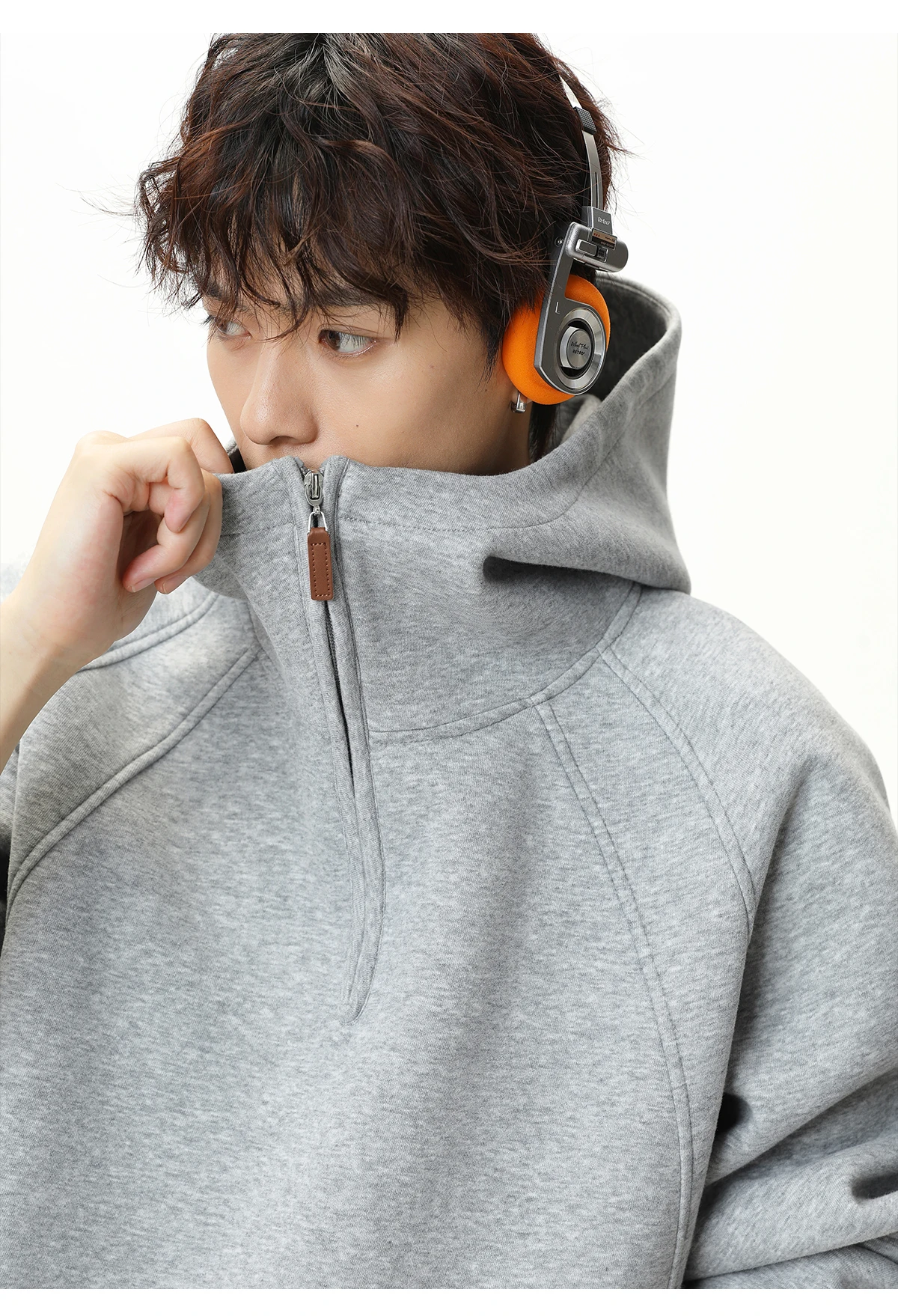 HANGLU 2025 Men Women Heavyweight Half Zip Hoodie Ribbed High Neck Minimalist Streetwear Couple Unisex Pullover Sweatshirt