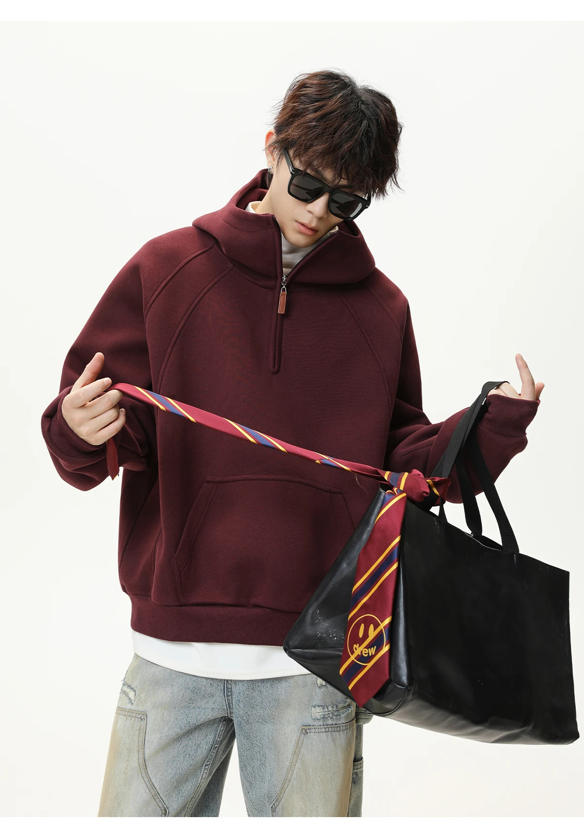 HANGLU 2025 Men Women Heavyweight Half Zip Hoodie Ribbed High Neck Minimalist Streetwear Couple Unisex Pullover Sweatshirt
