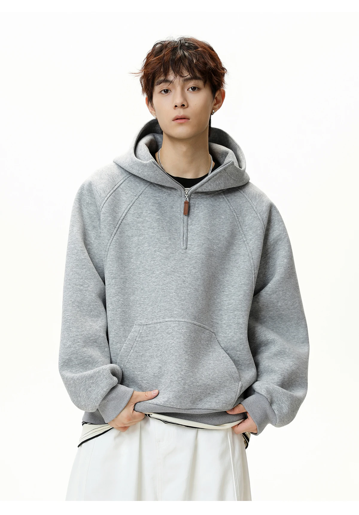 HANGLU 2025 Men Women Heavyweight Half Zip Hoodie Ribbed High Neck Minimalist Streetwear Couple Unisex Pullover Sweatshirt