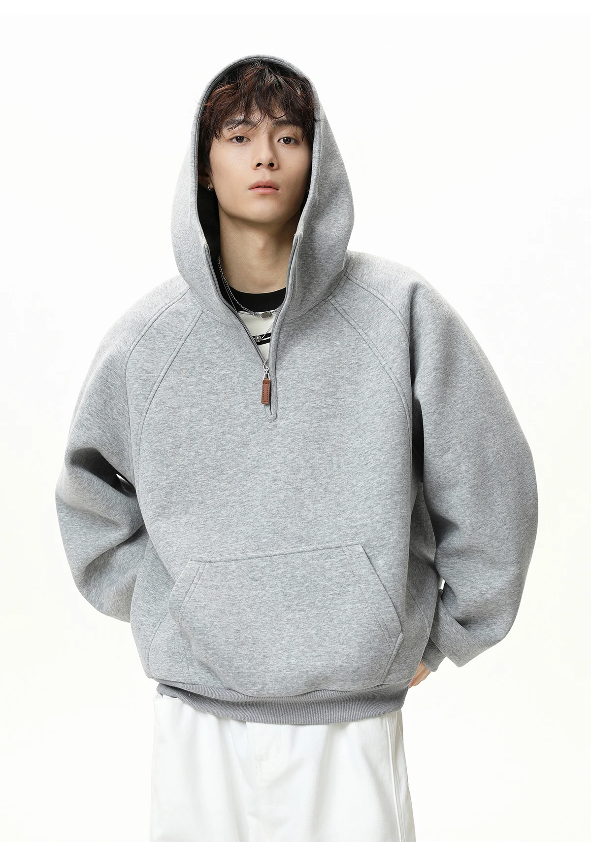 HANGLU 2025 Men Women Heavyweight Half Zip Hoodie Ribbed High Neck Minimalist Streetwear Couple Unisex Pullover Sweatshirt