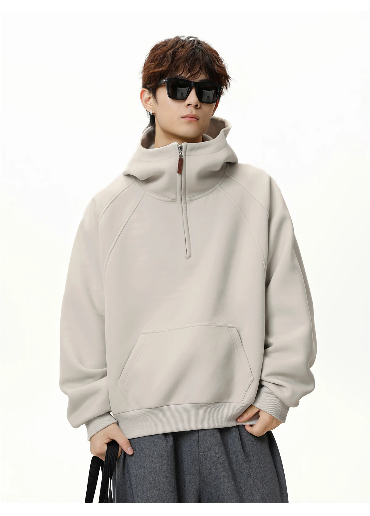 HANGLU 2025 Men Women Heavyweight Half Zip Hoodie Ribbed High Neck Minimalist Streetwear Couple Unisex Pullover Sweatshirt