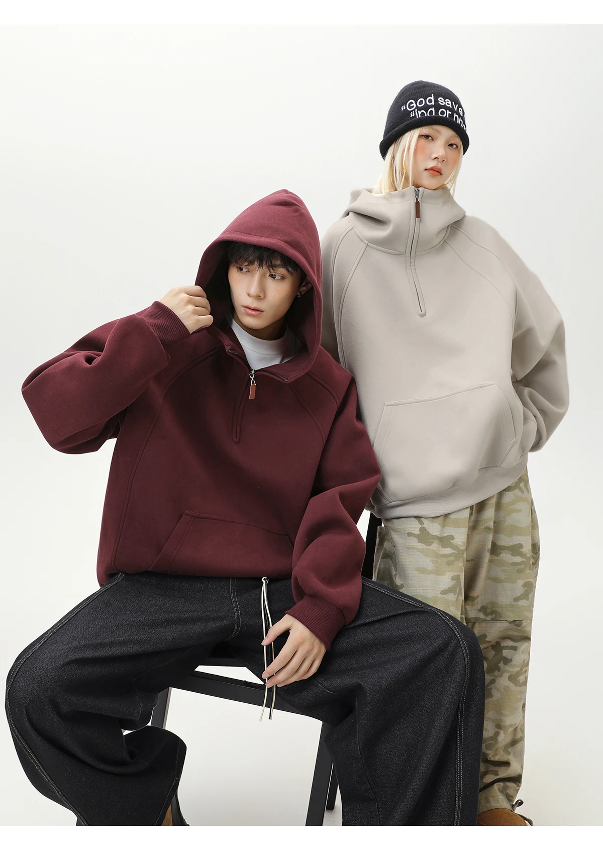 HANGLU 2025 Men Women Heavyweight Half Zip Hoodie Ribbed High Neck Minimalist Streetwear Couple Unisex Pullover Sweatshirt